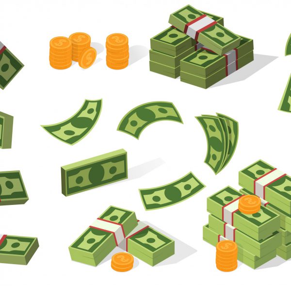 Dollars flat vector illustration set. Stacks of coins and banknotes, money, cash, pile. Finance, saving, wealth concept