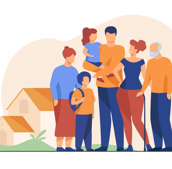 Big family meeting. Couple with senior parents and two kids standing together at suburban house. Vector illustration for love, togetherness, lifestyle concept