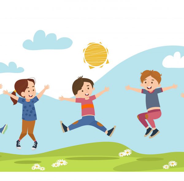 Happy children jumping on summer meadow flat vector illustration. Cartoon boys and girls playing in park at daytime. Kindergarten and childhood concept