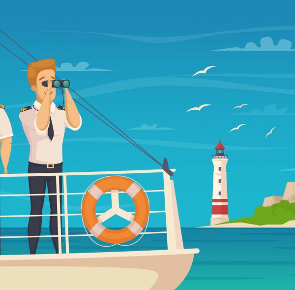 Yacht cruise liner captain and first chief officer on bow front of the ship cartoon vector illustration