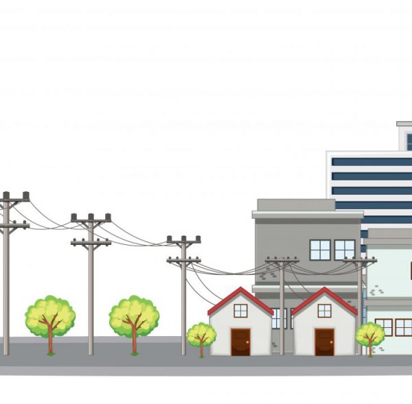 Electricity poles and buildings in city illustration