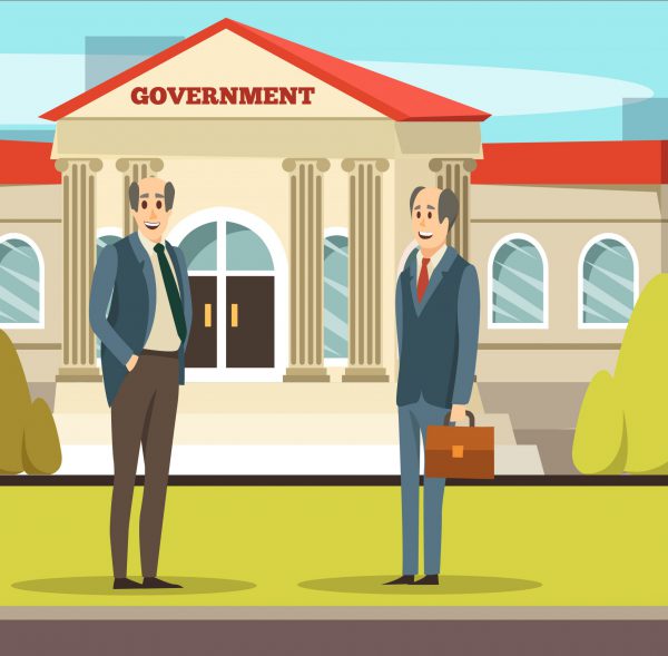 Colored orthogonal municipal buildings composition government with two smiling employers in suits vector illustration