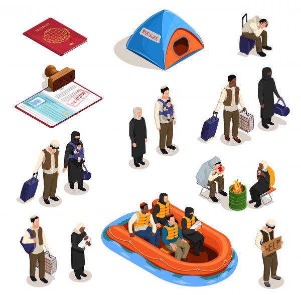 Stateless refugees asylum icons isometric collection with isolated images of documents and human characters of people vector illustration