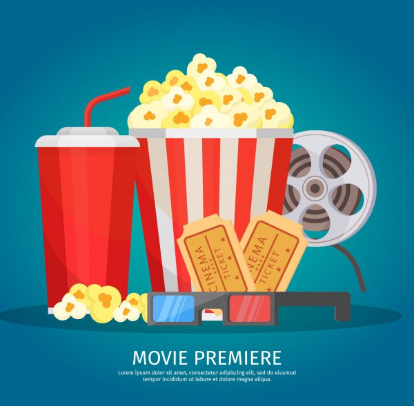 Cinema elements concept with soda drink popcorn filmstrip glasses and tickets on light background isolated vector illustration